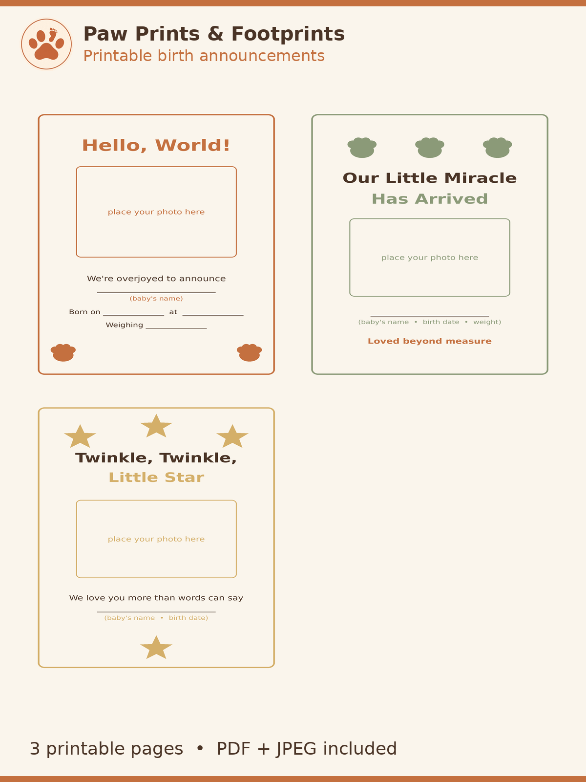 Birth Announcements — Printable (3 Designs)